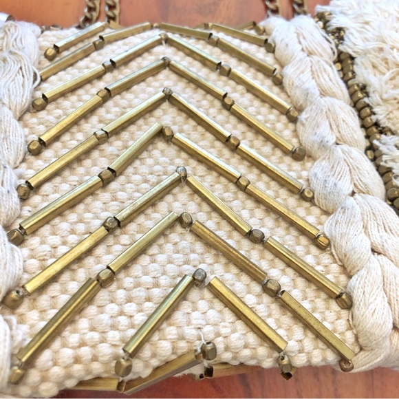 ZARA Unique Boho Beaded Cream Golden Tone Chain &Hardware Crossbody Shoulder Bag - Picture 5 of 15